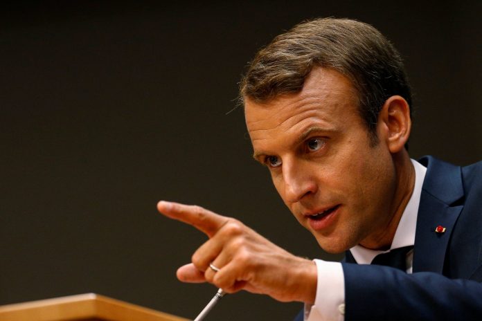 French President Emmanuel Macron speaks during a press conference on the sidelines of the 72nd United Nations General Assembly at U.N. Headquarters in New York